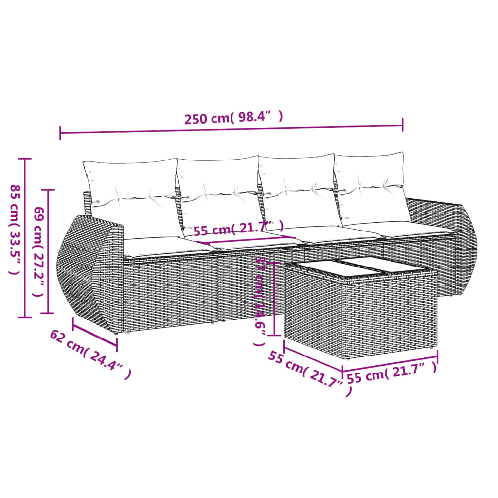 5-delige Loungeset met kussens poly rattan grijs