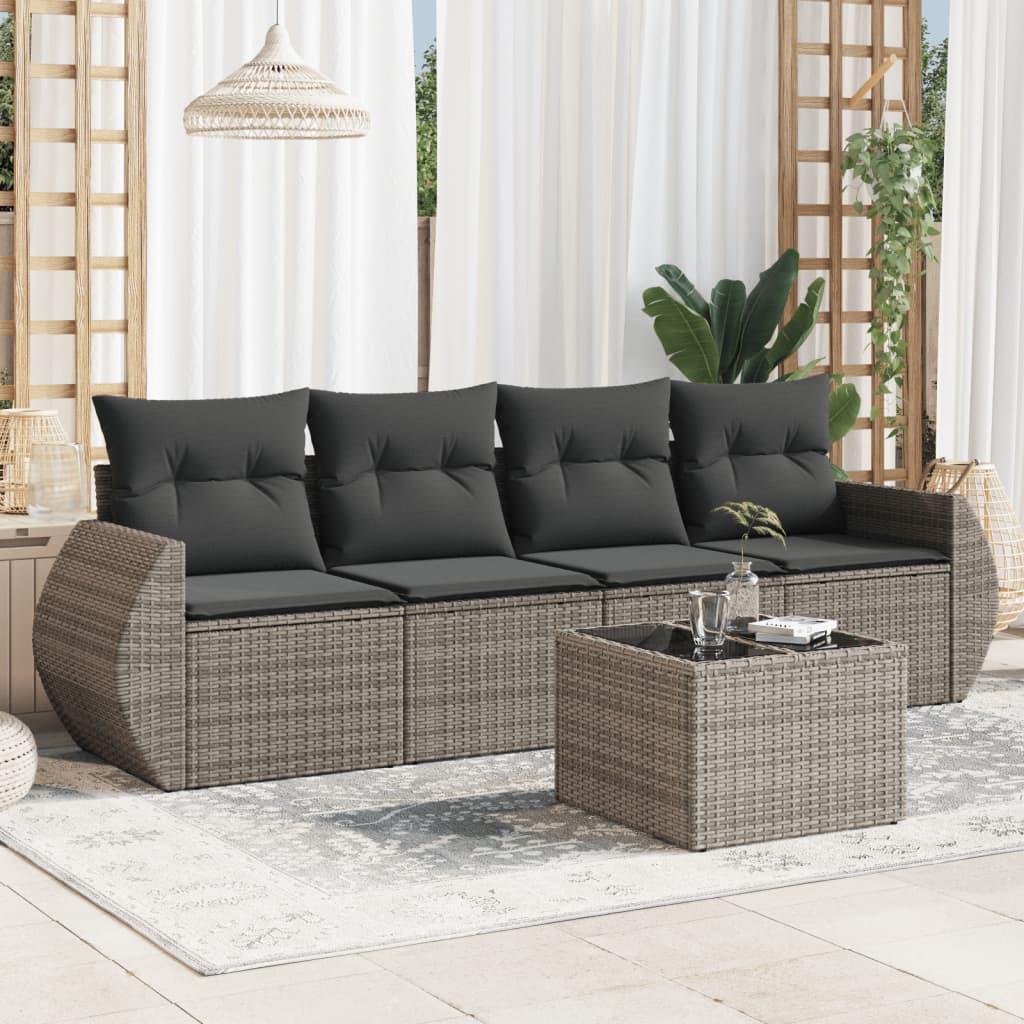 5-delige Loungeset met kussens poly rattan grijs