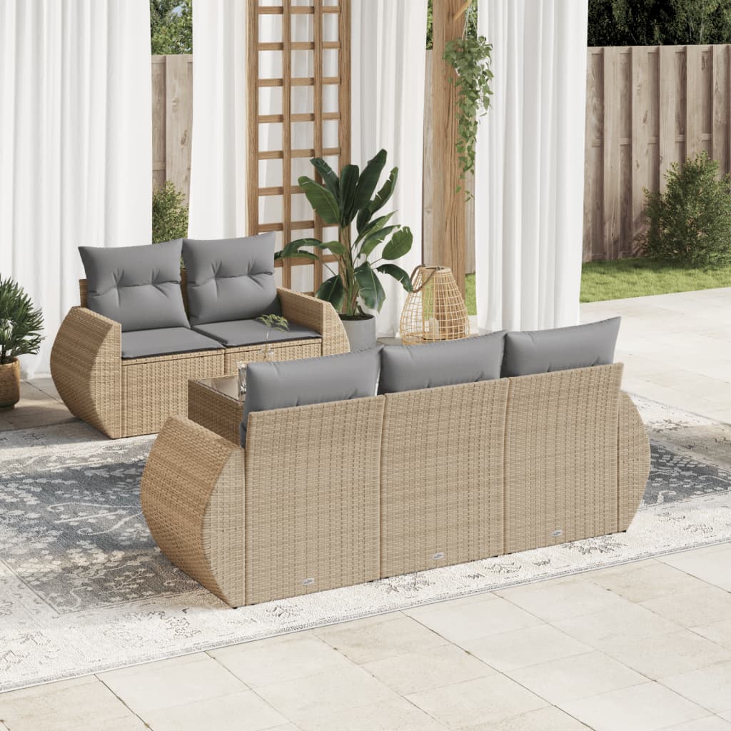 6-delige Loungeset met kussens poly rattan beige