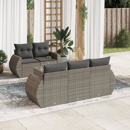 6-delige Loungeset met kussens poly rattan grijs