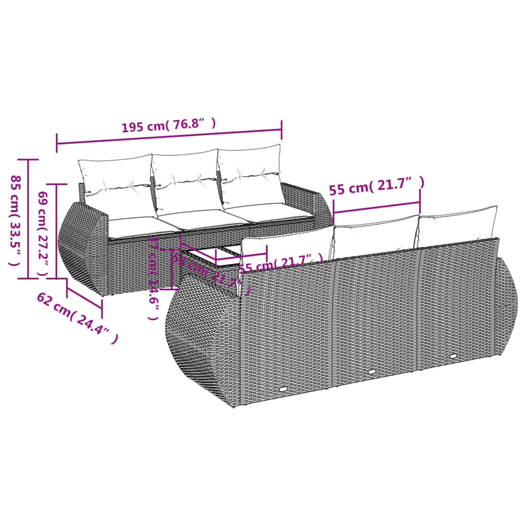 7-delige Loungeset met kussens poly rattan bruin