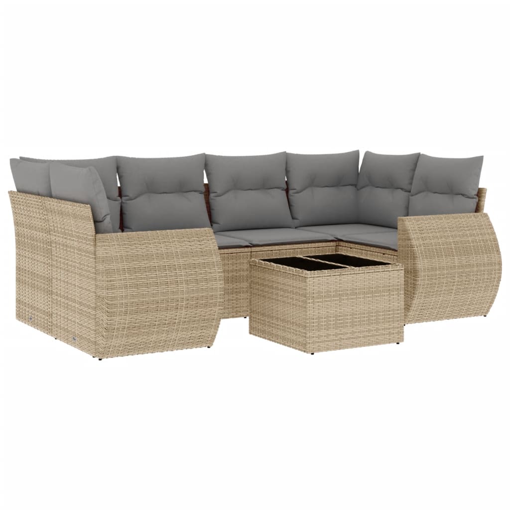 7-delige Loungeset met kussens poly rattan beige