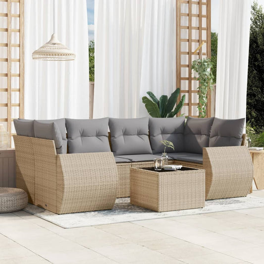 7-delige Loungeset met kussens poly rattan beige