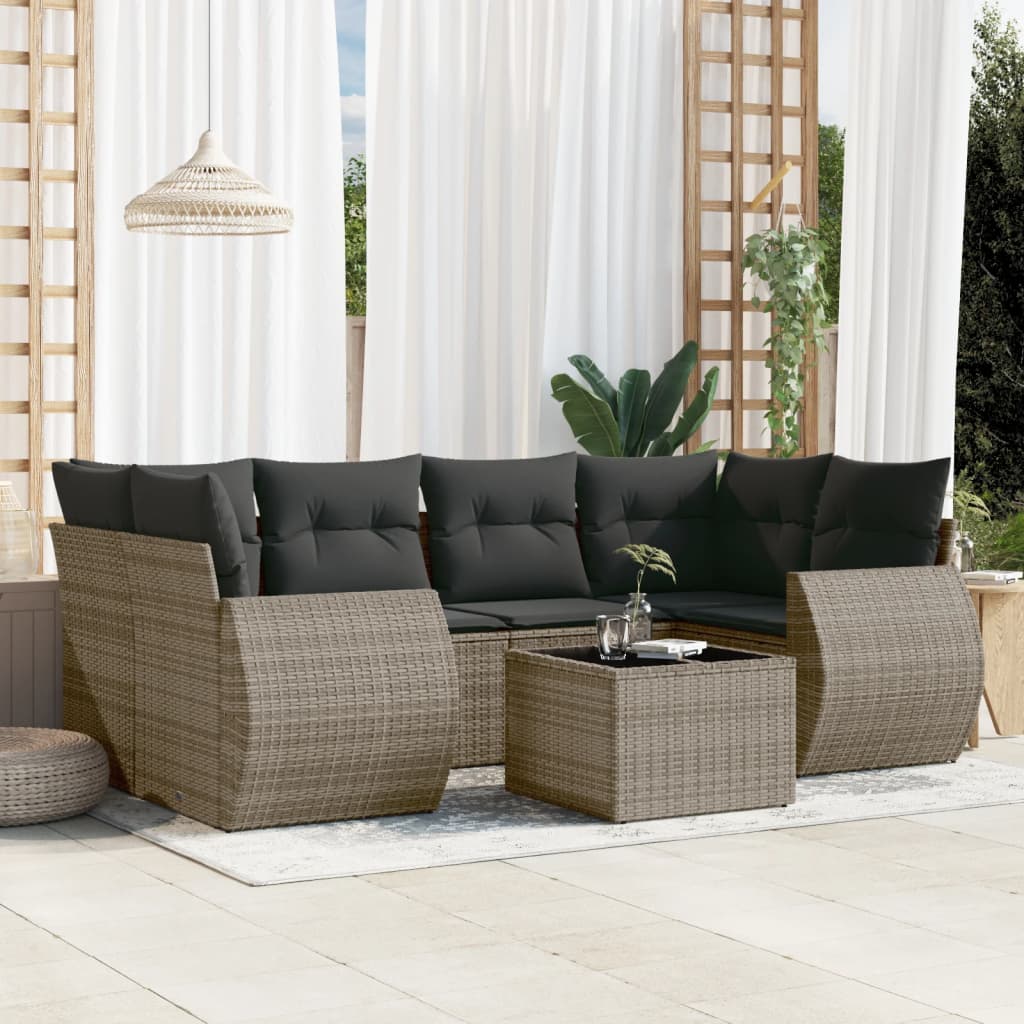 7-delige Loungeset met kussens poly rattan grijs