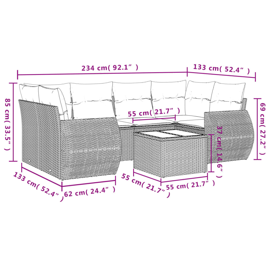 7-delige Loungeset met kussens poly rattan bruin