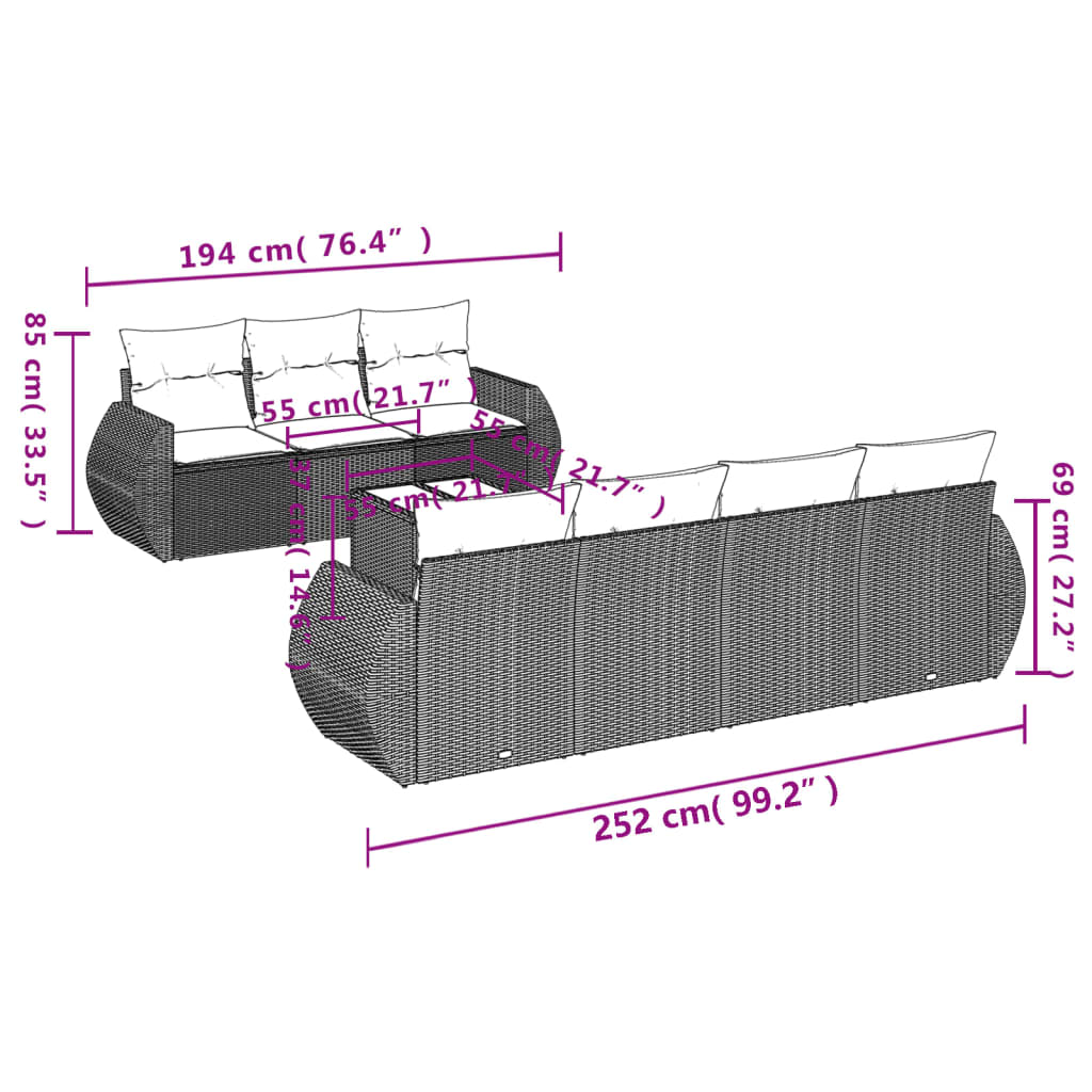 8-delige Loungeset met kussens poly rattan bruin