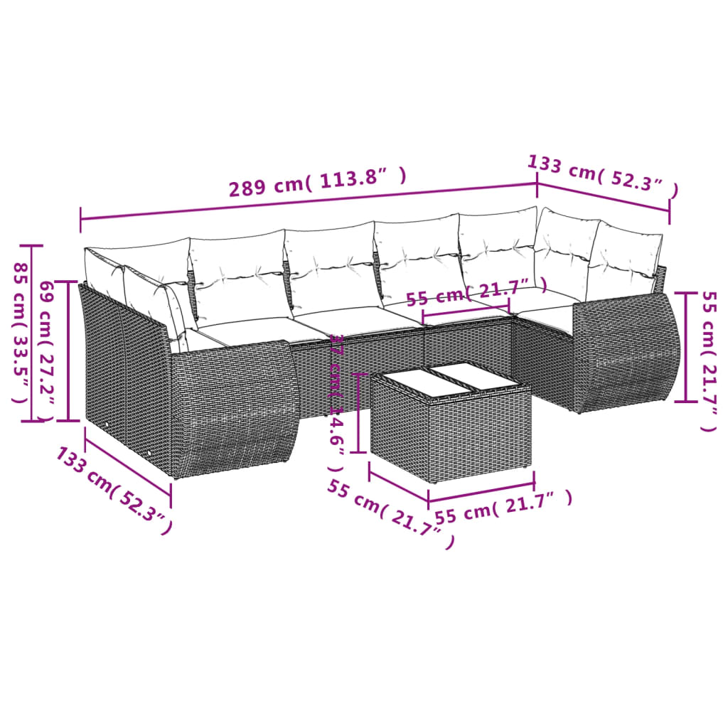 8-delige Loungeset met kussens poly rattan bruin