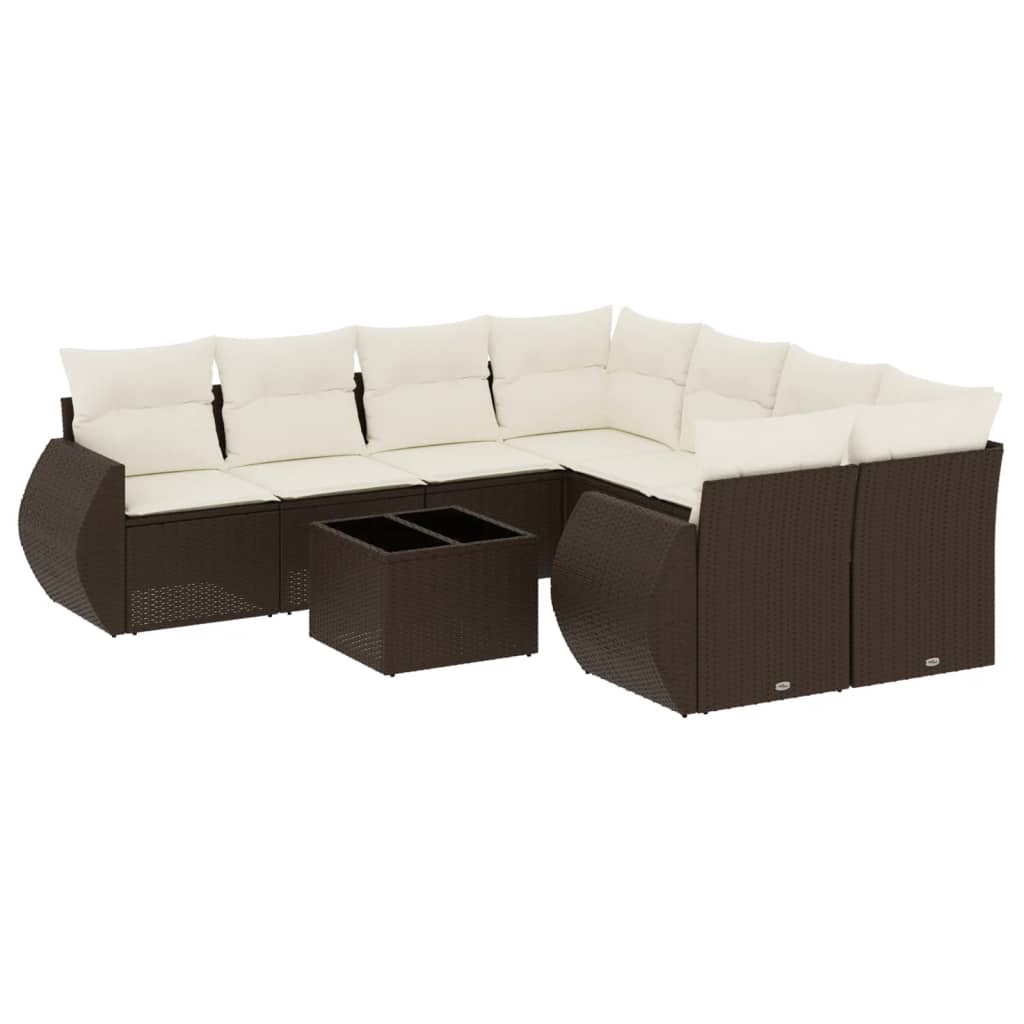 9-delige Loungeset met kussens poly rattan bruin