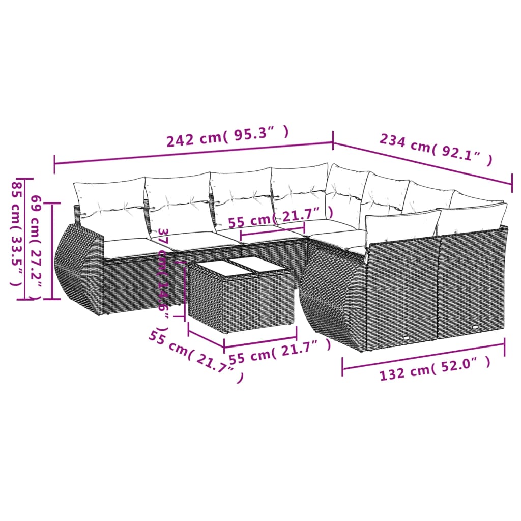 9-delige Loungeset met kussens poly rattan bruin