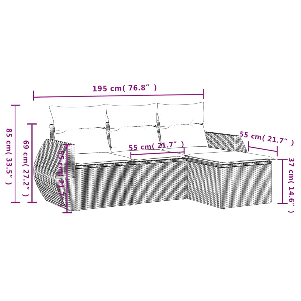 4-delige Loungeset met kussens poly rattan bruin