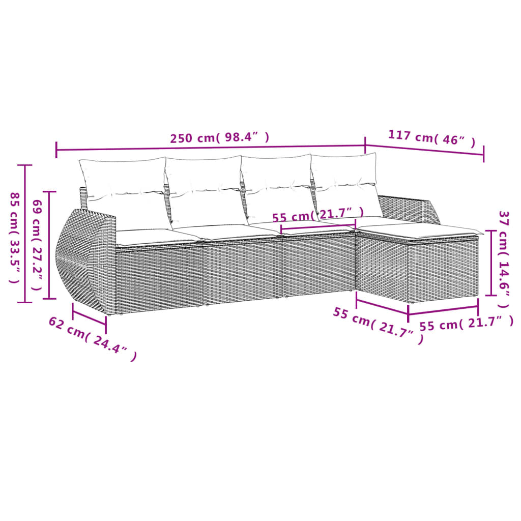 5-delige Loungeset met kussens poly rattan grijs