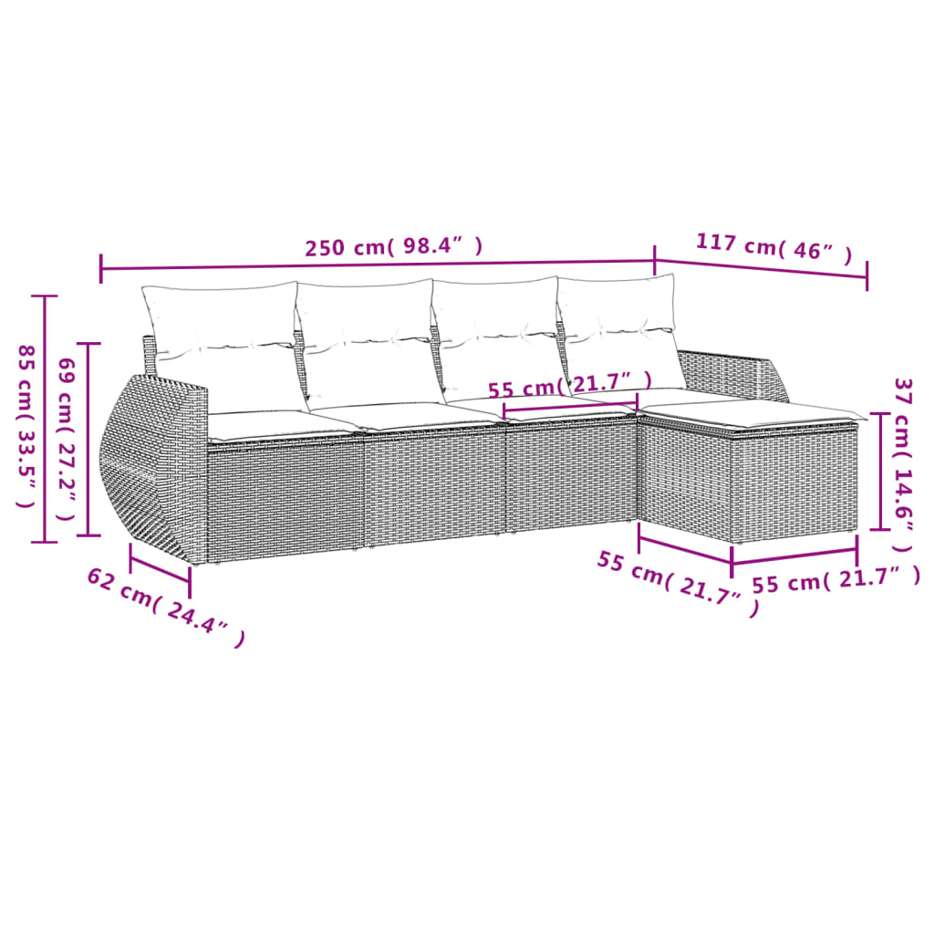 5-delige Loungeset met kussens poly rattan lichtgrijs