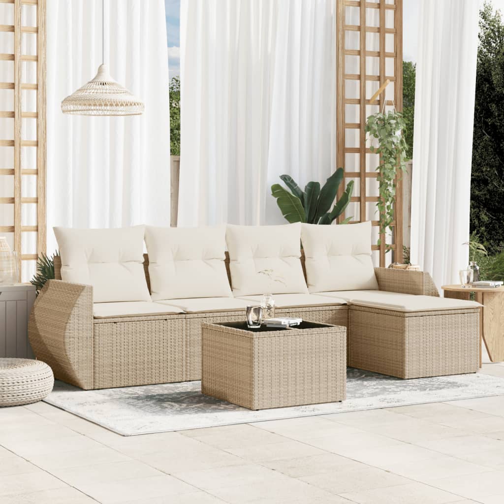 6-delige Loungeset met kussens poly rattan beige