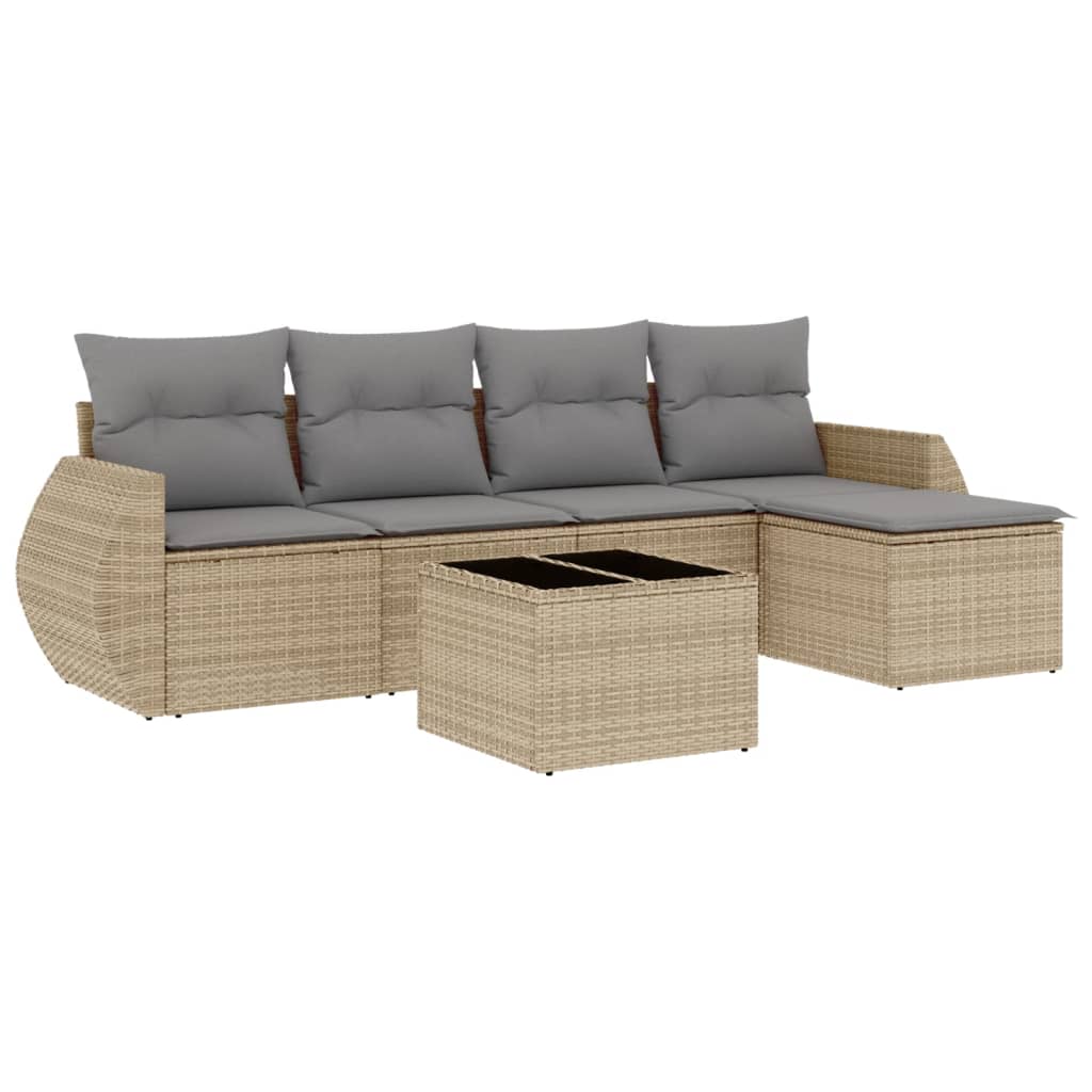 6-delige Loungeset met kussens poly rattan beige