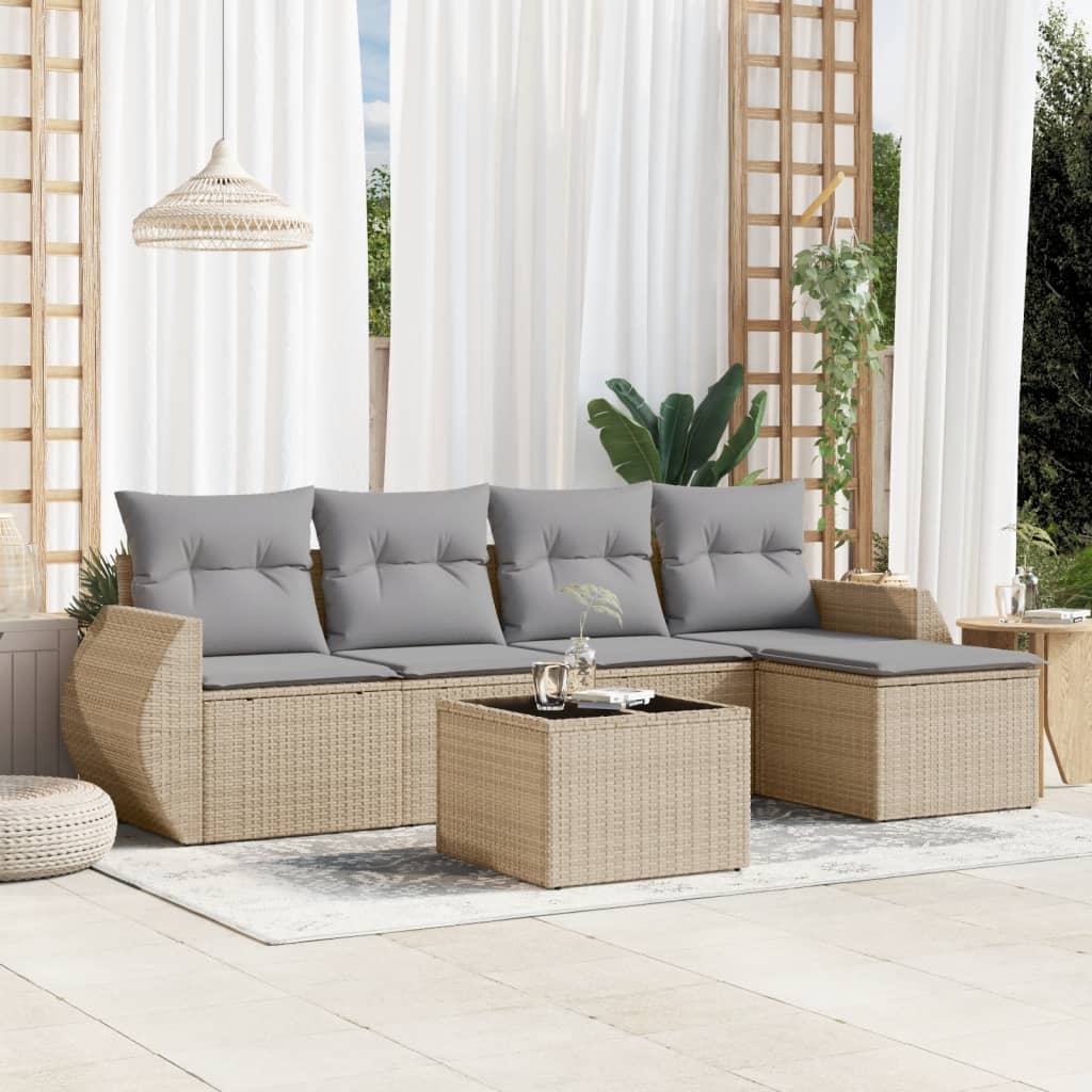 6-delige Loungeset met kussens poly rattan beige