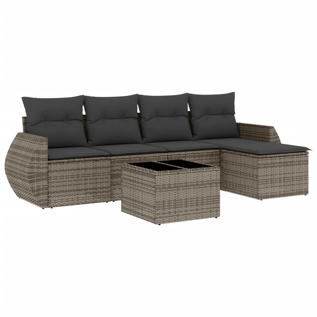 6-delige Loungeset met kussens poly rattan grijs