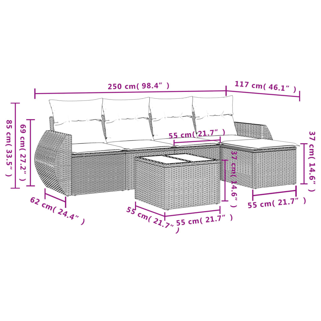 6-delige Loungeset met kussens poly rattan grijs