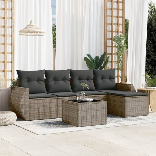 6-delige Loungeset met kussens poly rattan grijs