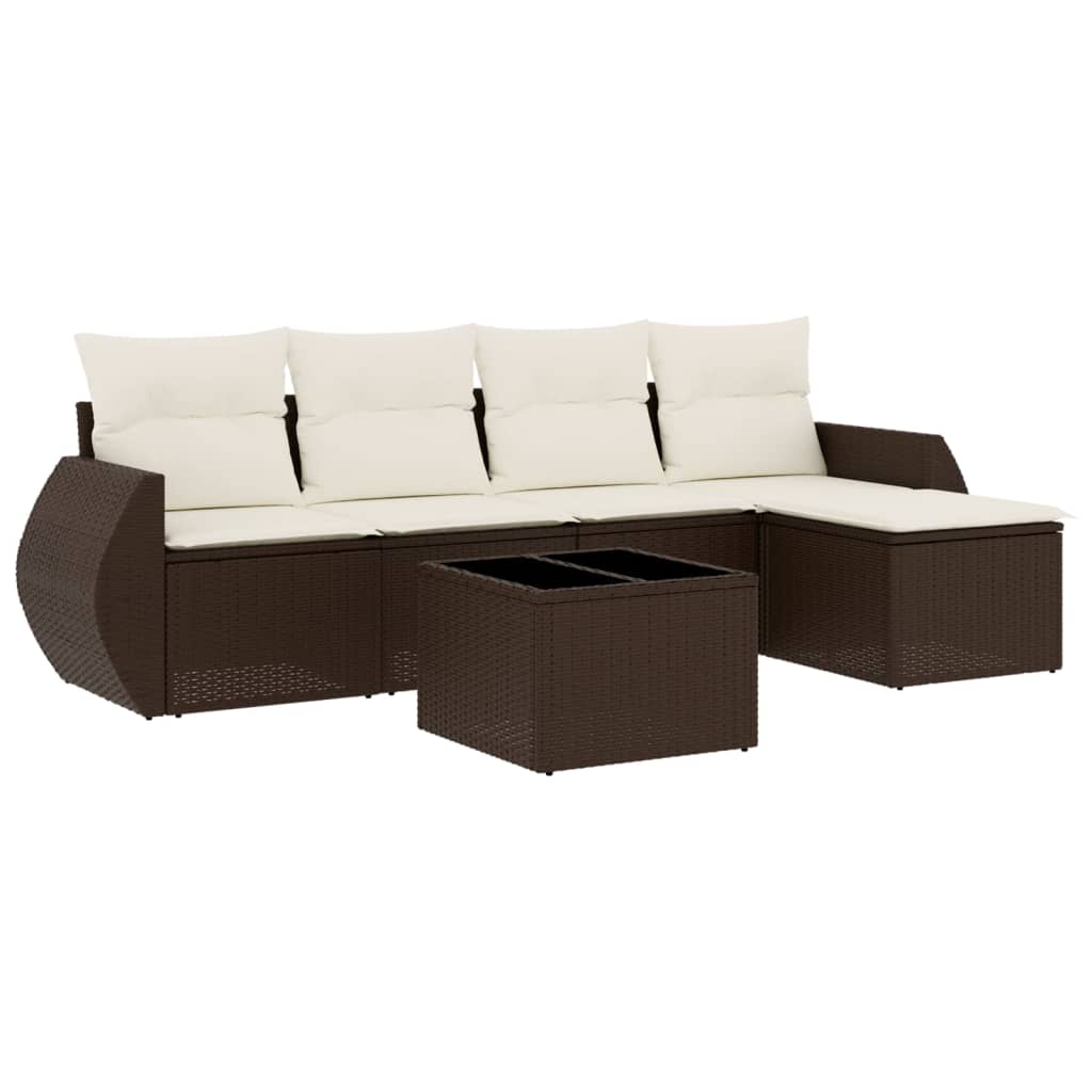 6-delige Loungeset met kussens poly rattan bruin