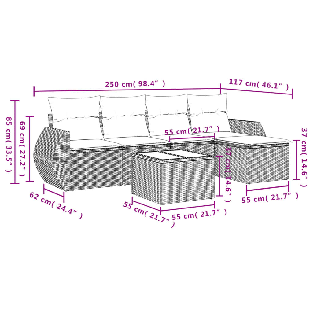 6-delige Loungeset met kussens poly rattan bruin