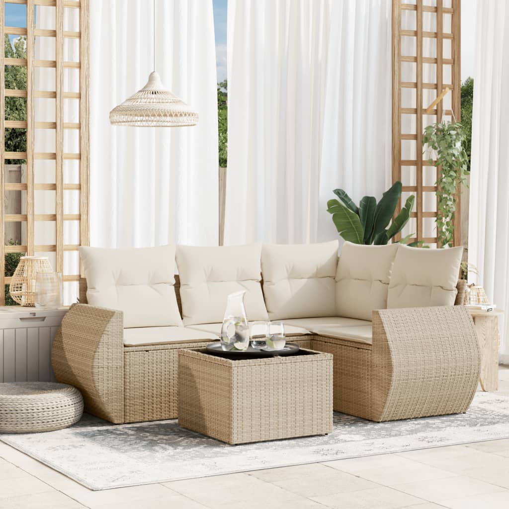 5-delige Loungeset met kussens poly rattan beige