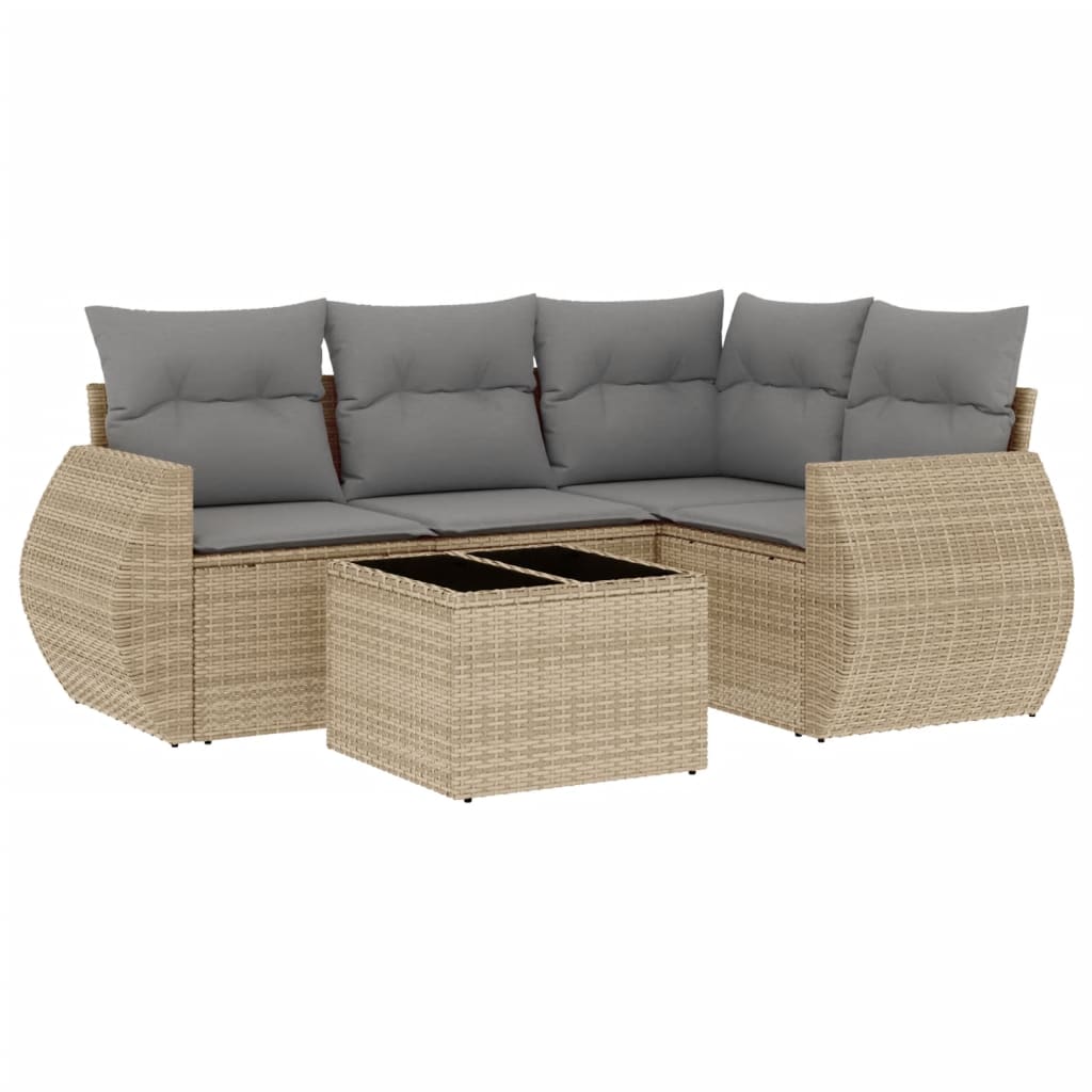 5-delige Loungeset met kussens poly rattan beige