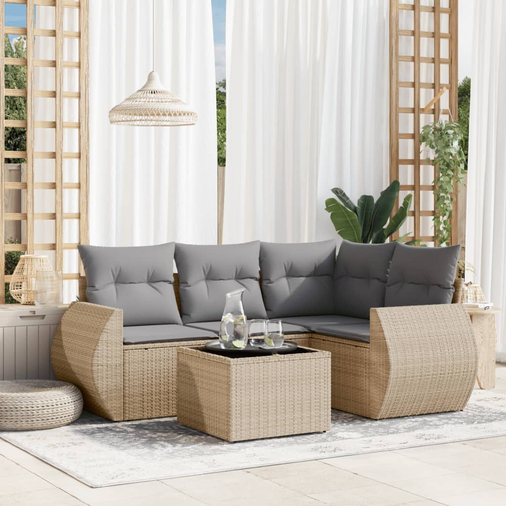 5-delige Loungeset met kussens poly rattan beige