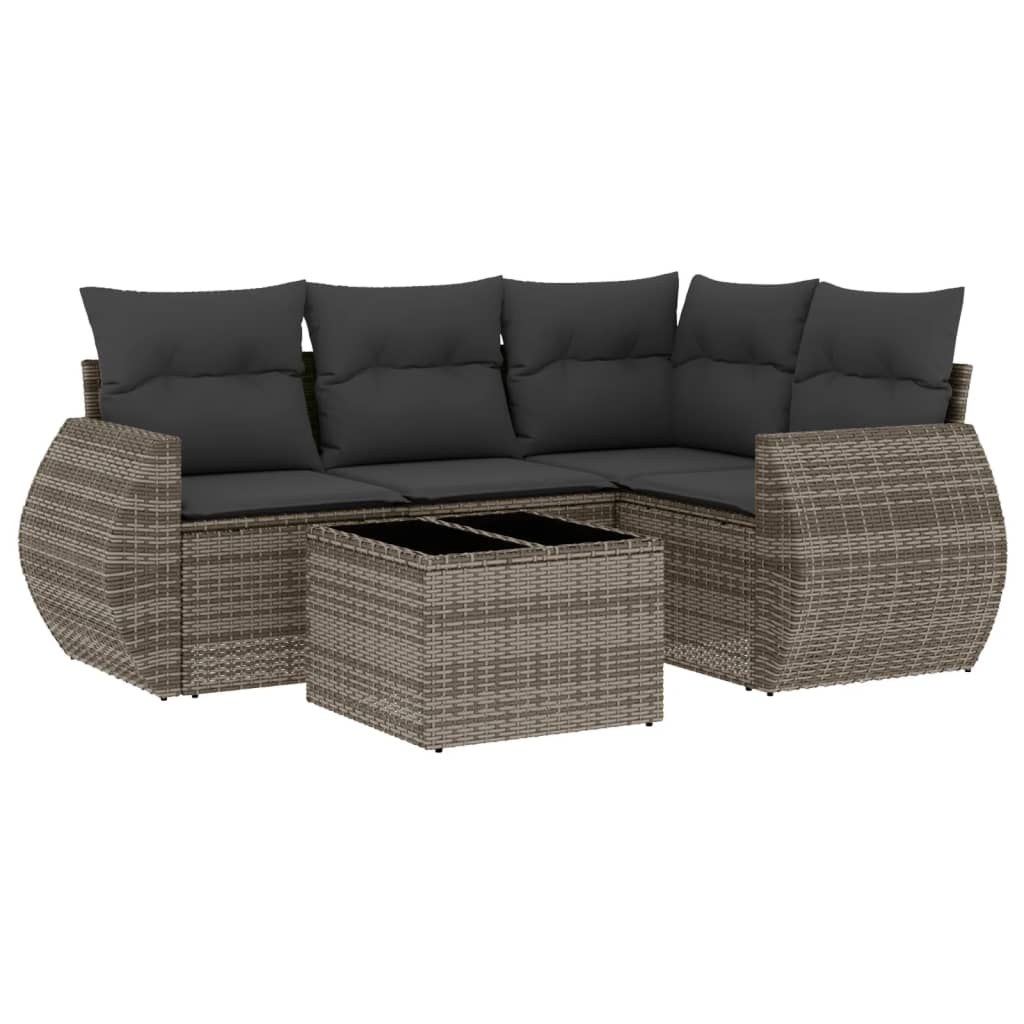 5-delige Loungeset met kussens poly rattan grijs