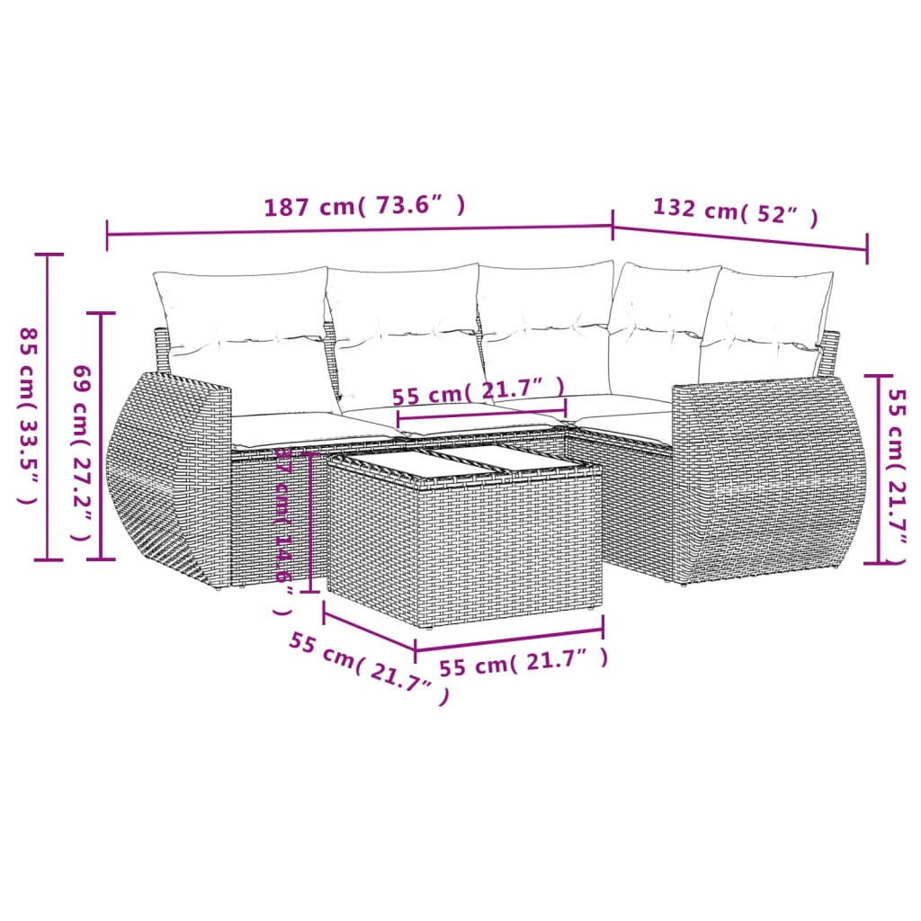 5-delige Loungeset met kussens poly rattan grijs