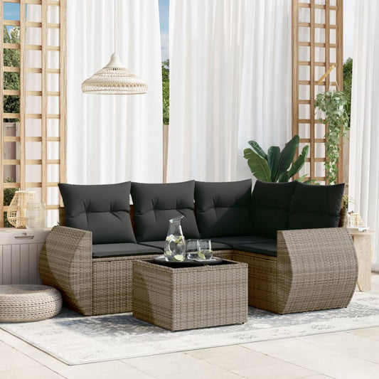 5-delige Loungeset met kussens poly rattan grijs