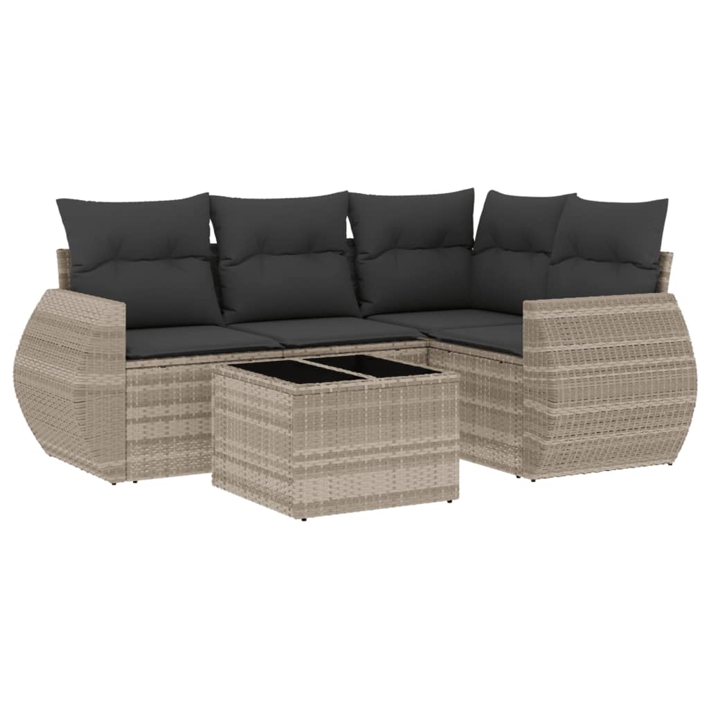 5-delige Loungeset met kussens poly rattan lichtgrijs