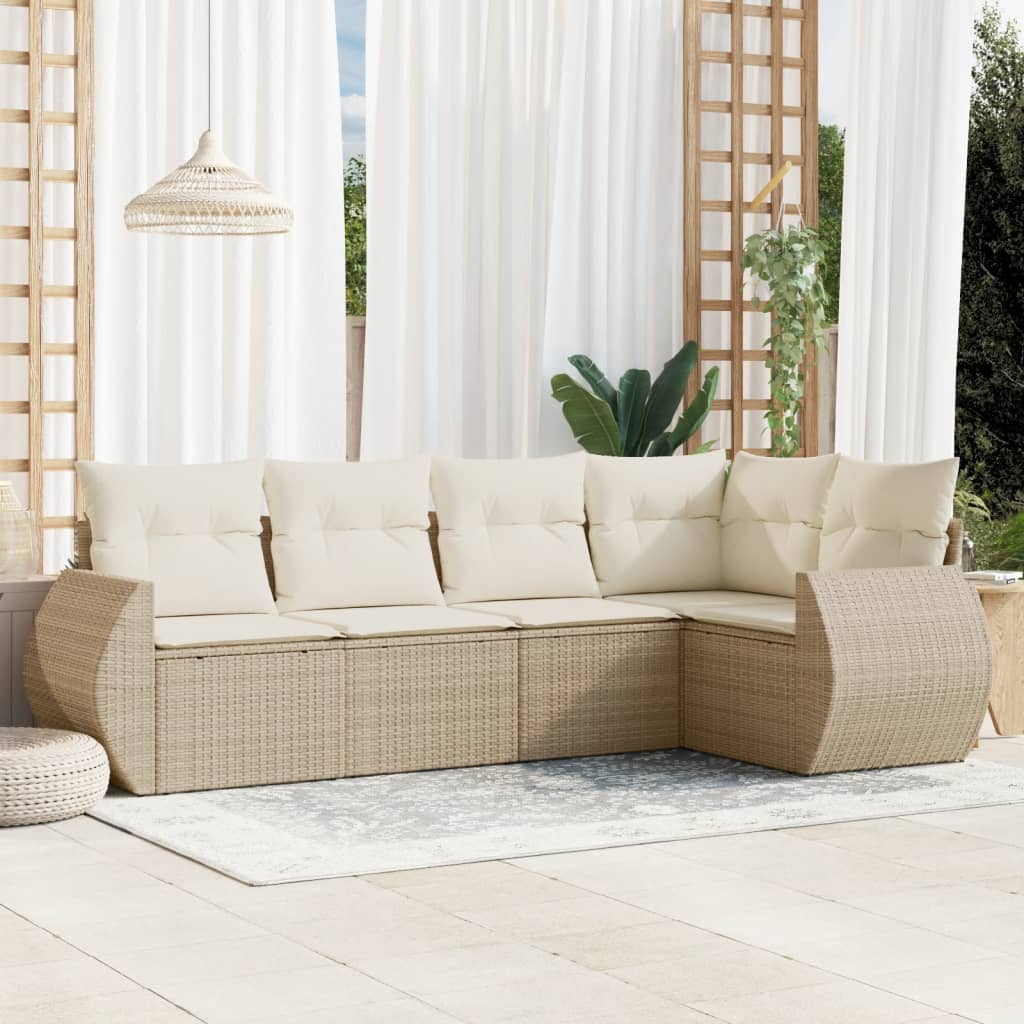 5-delige Loungeset met kussens poly rattan beige