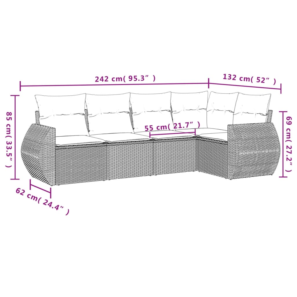 5-delige Loungeset met kussens poly rattan grijs