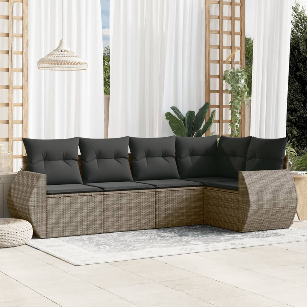 5-delige Loungeset met kussens poly rattan grijs