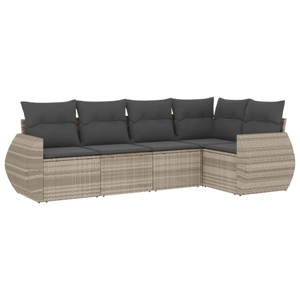 5-delige Loungeset met kussens poly rattan lichtgrijs