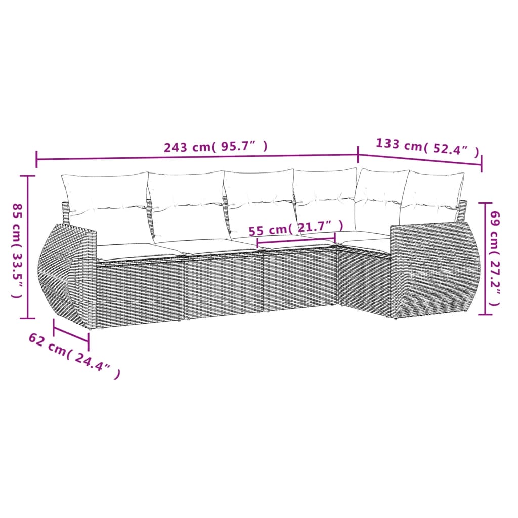 5-delige Loungeset met kussens poly rattan lichtgrijs