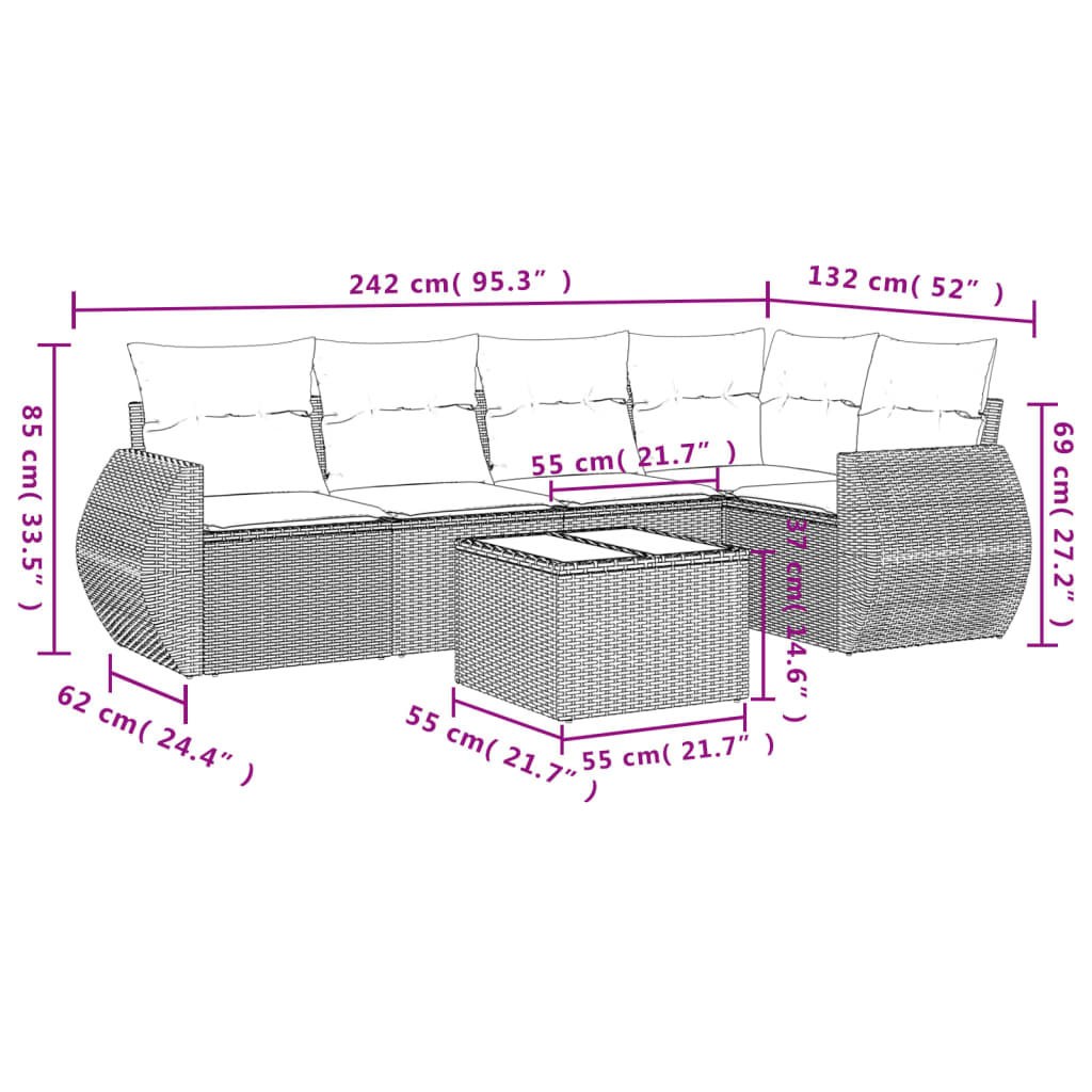 6-delige Loungeset met kussens poly rattan lichtgrijs