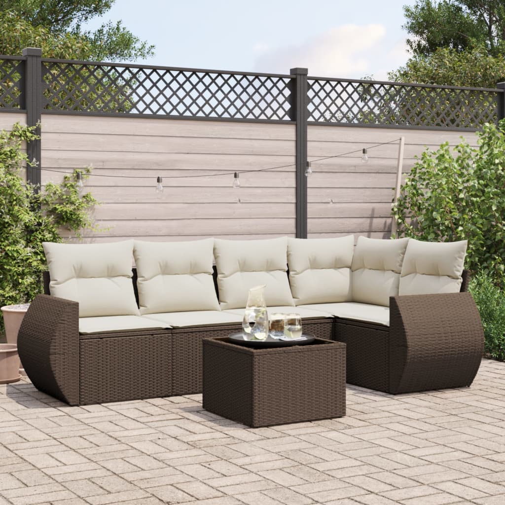 6-delige Loungeset met kussens poly rattan bruin