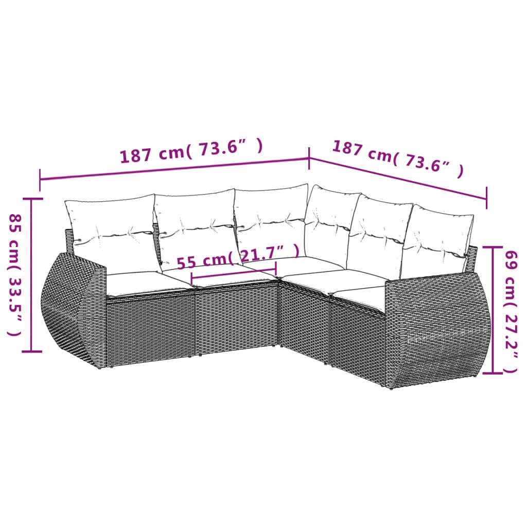 5-delige Loungeset met kussens poly rattan grijs