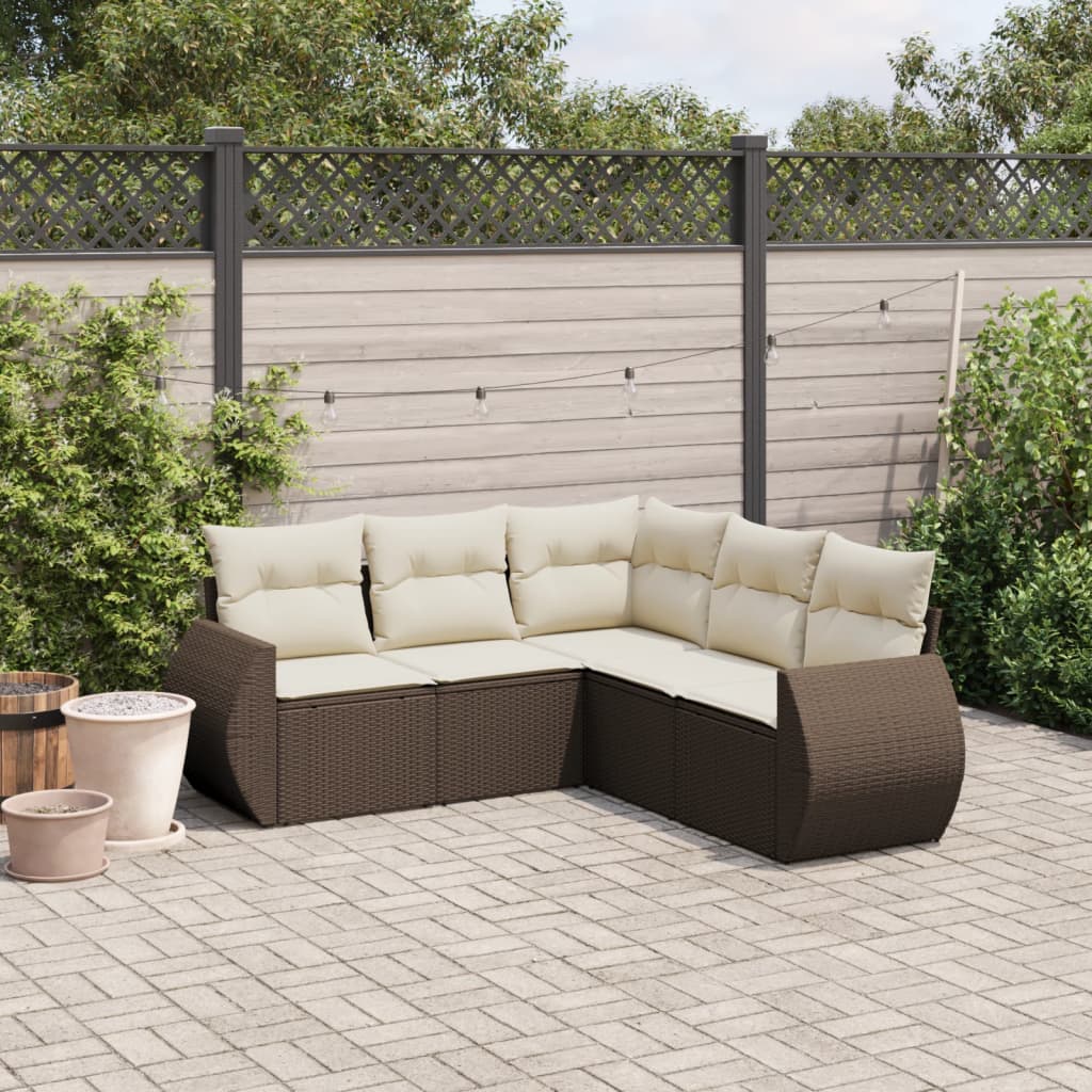 5-delige Loungeset met kussens poly rattan bruin