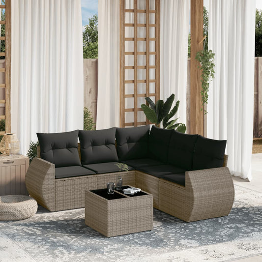 6-delige Loungeset met kussens poly rattan grijs