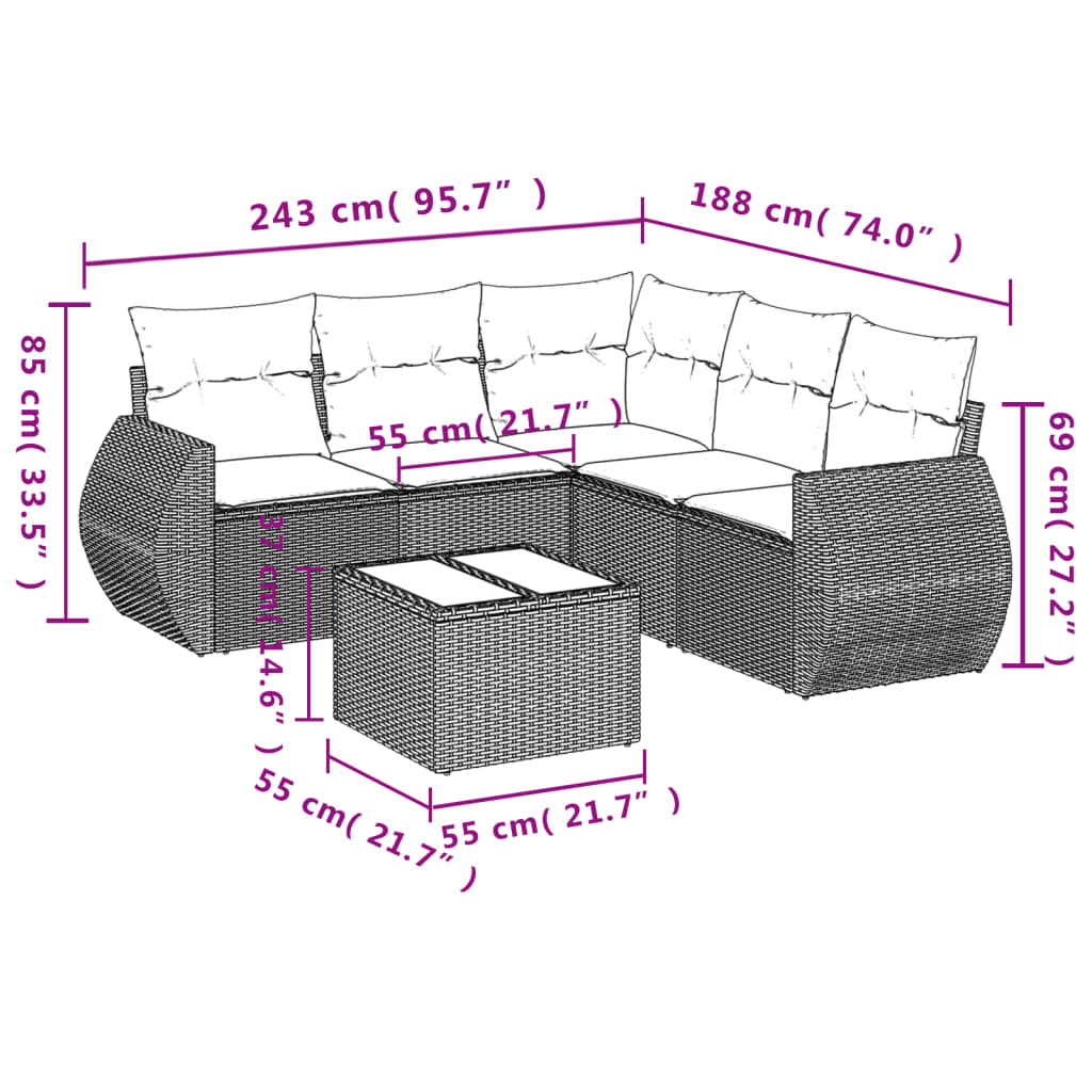 6-delige Loungeset met kussens poly rattan bruin