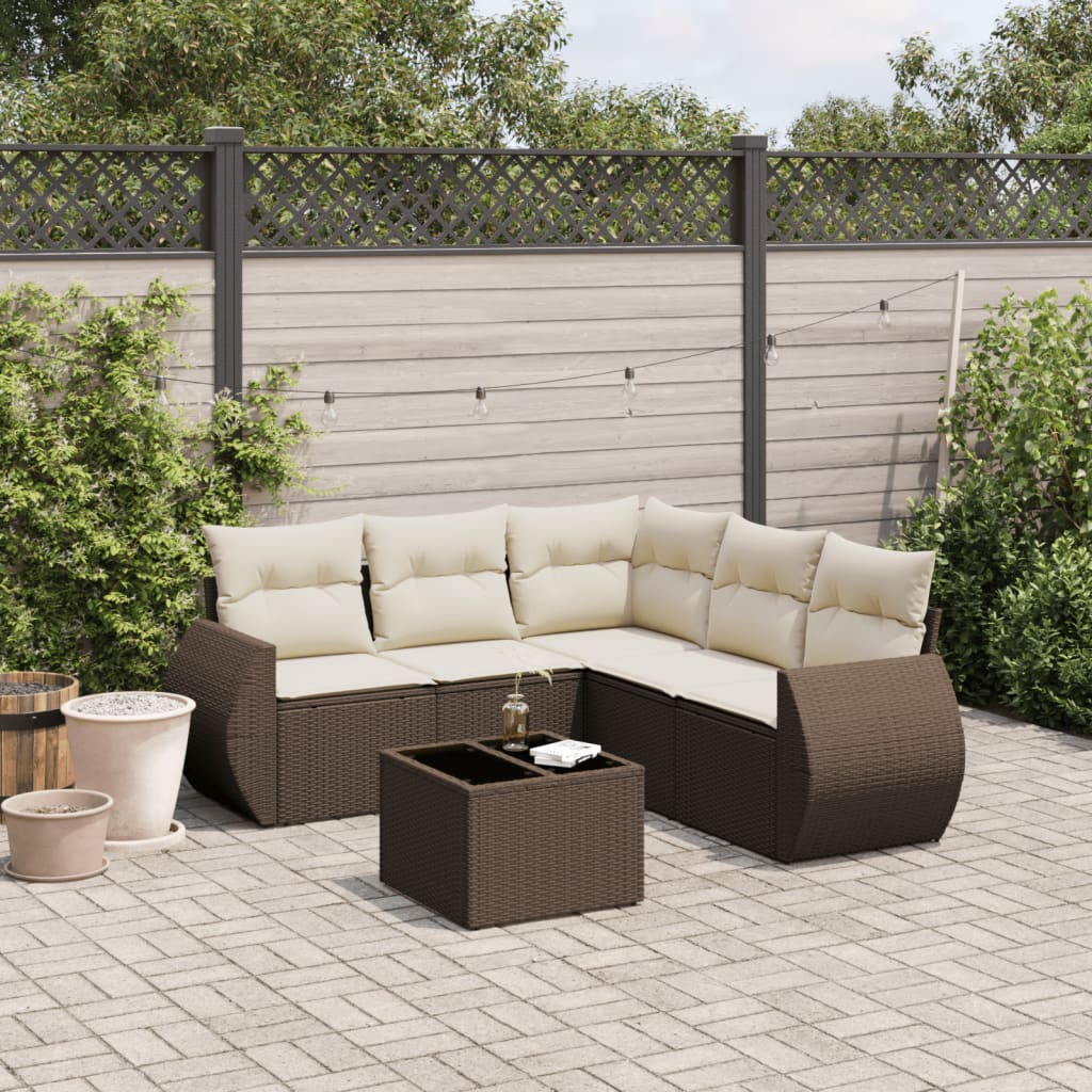 6-delige Loungeset met kussens poly rattan bruin