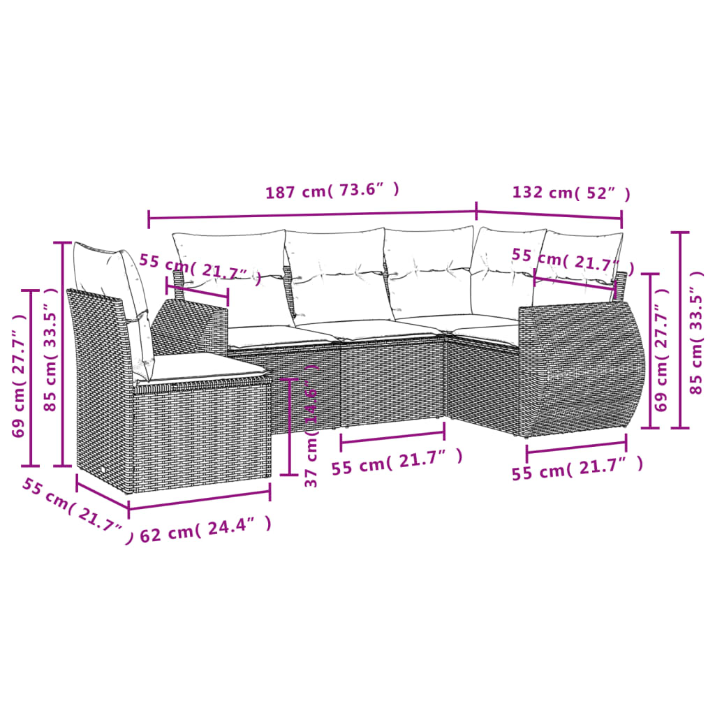 5-delige Loungeset met kussens poly rattan grijs