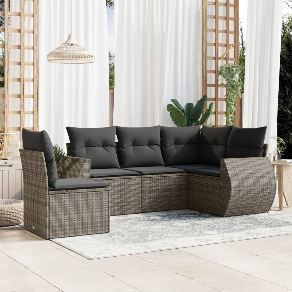 5-delige Loungeset met kussens poly rattan grijs