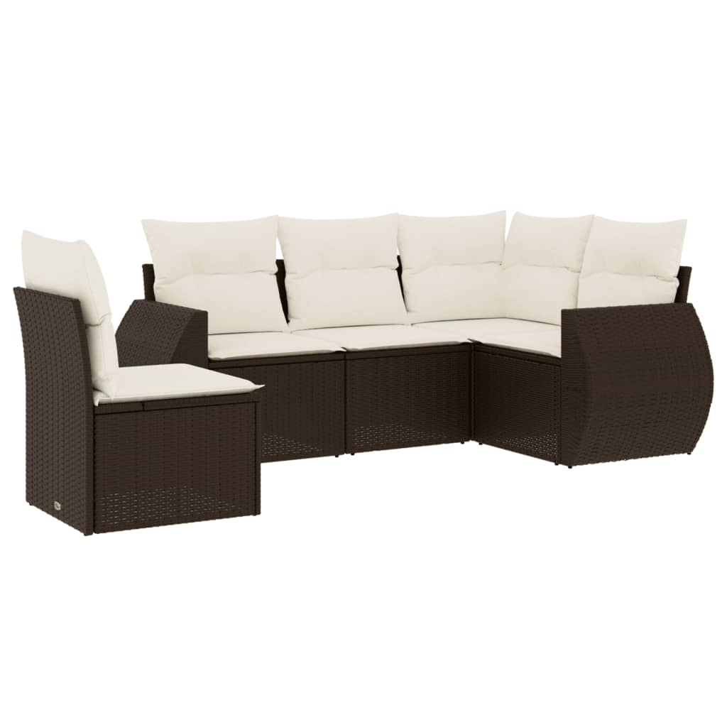 5-delige Loungeset met kussens poly rattan bruin