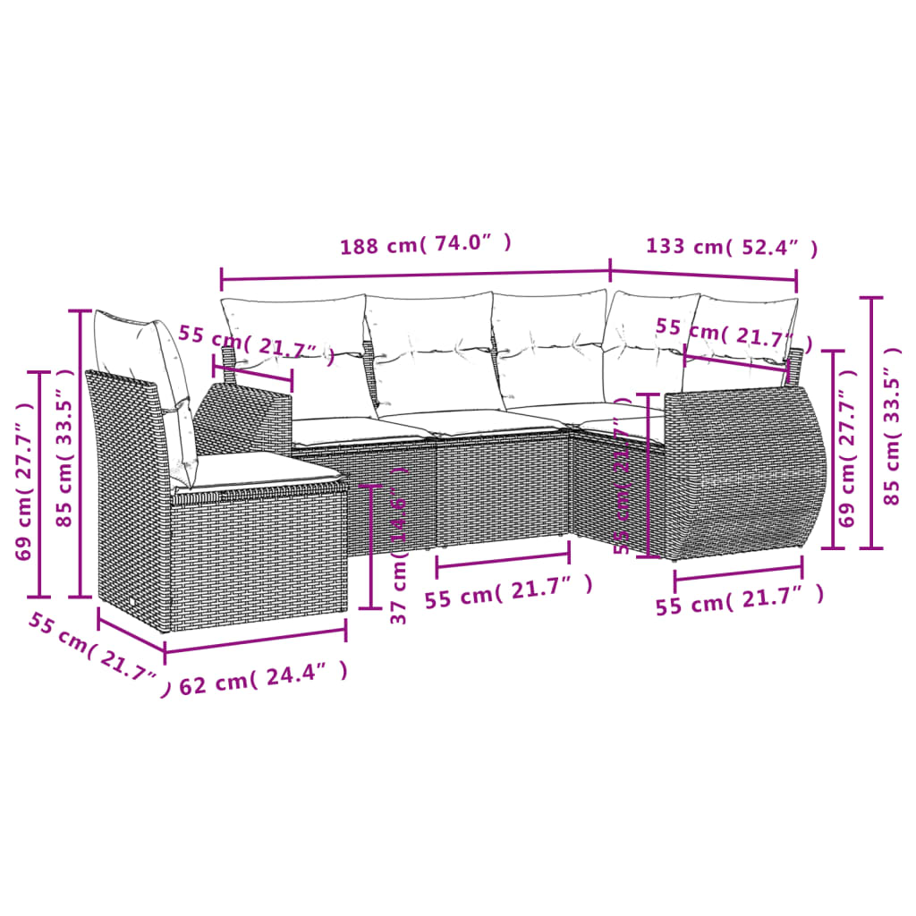 5-delige Loungeset met kussens poly rattan bruin