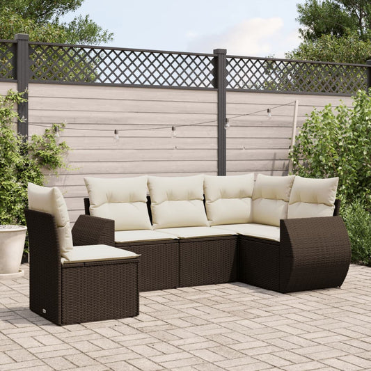 5-delige Loungeset met kussens poly rattan bruin