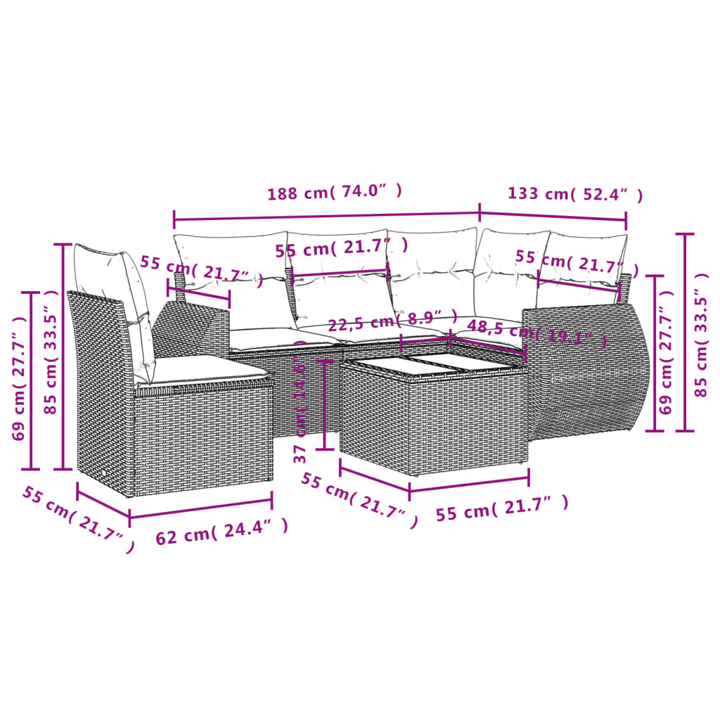 6-delige Loungeset met kussens poly rattan bruin