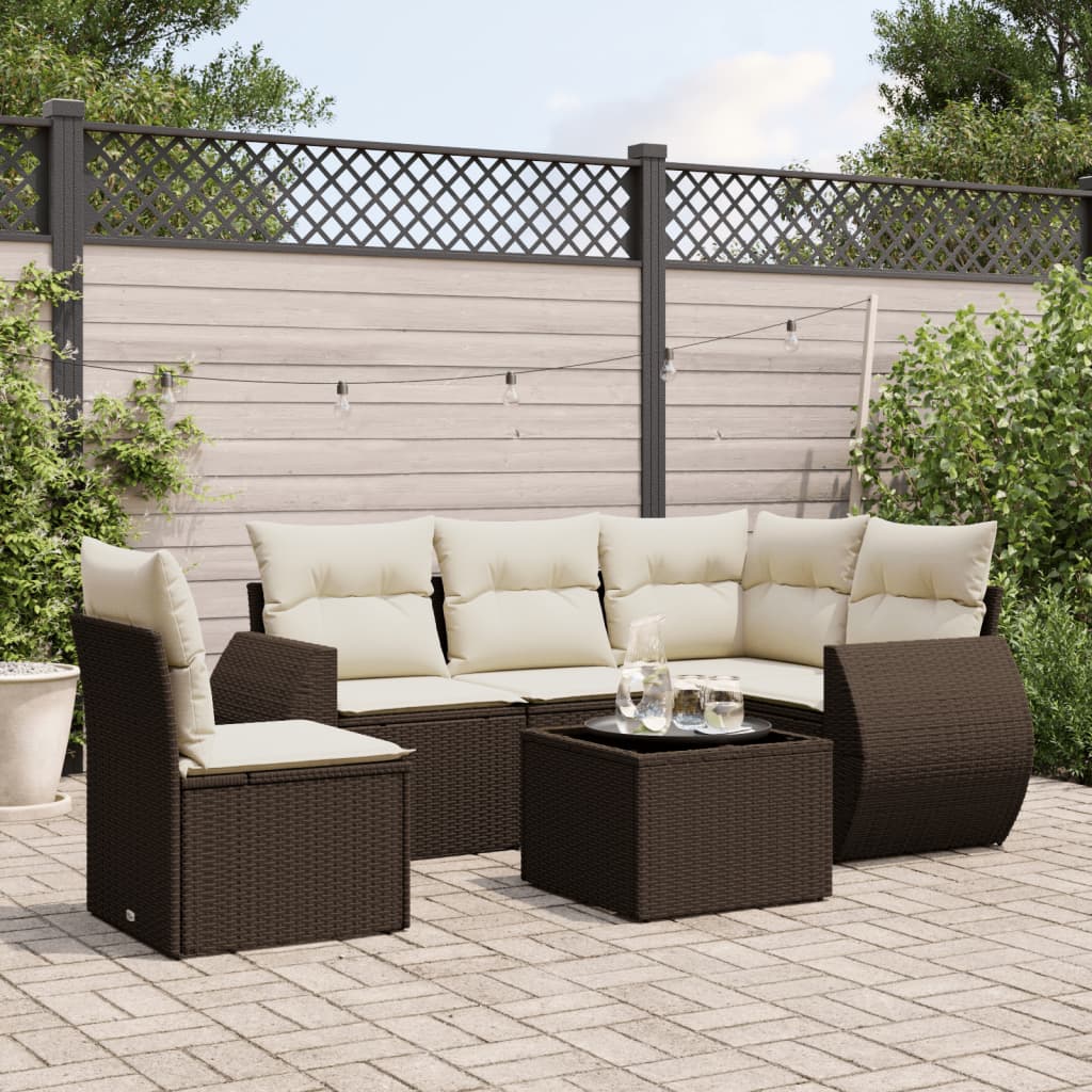 6-delige Loungeset met kussens poly rattan bruin